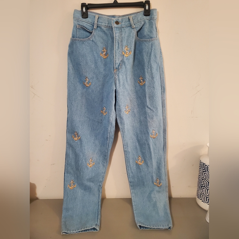 90s High Waist Mom Jeans MADE USA California Nautical Anchor Shell Vintage Jeans